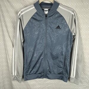 Adidas Track Jacket Women's S Floral Embossed Blue Gray 3 Stripes Logo